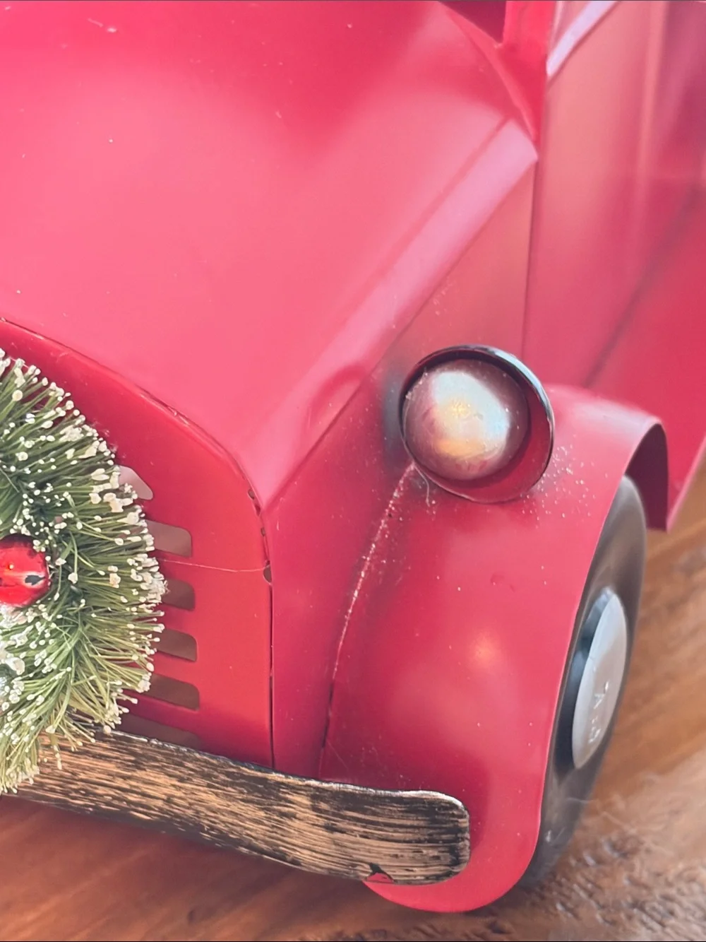 Red Holiday Metal Truck Decor with Wreath - Rustic Home Holiday Accent